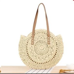 🆕 Circle Woven Straw/Rattan Boho Shoulder Tote Bag in Light Neutral Tan